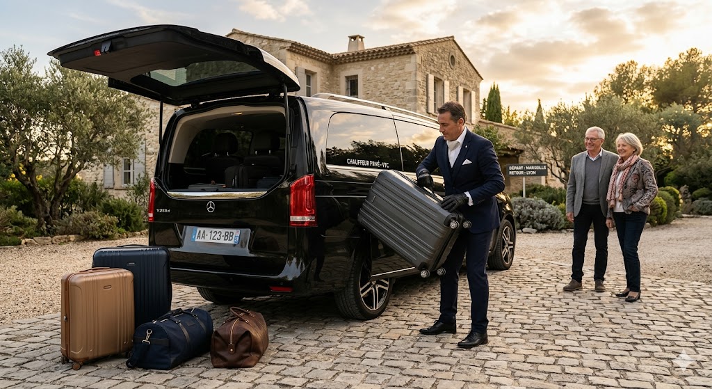 Chauffeur privé chargeant les valises dans un van pour le trajet de retour longue distance