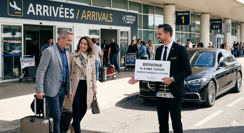 Chauffeur privé VIP avec pancarte accueillant ses clients pour un transfert aéroport Marseille La Ciotat