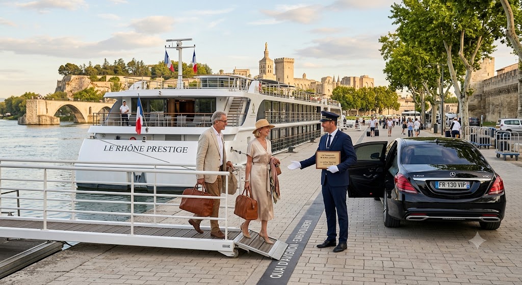 Chauffeur privé croisière fluviale Provence accueillant des passagers VIP au quai d'amarrage d'Avignon