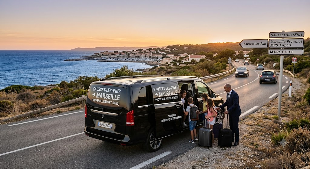 Van Mercedes Classe V assurant un transfert retour depuis Sausset-les-Pins vers l'aéroport Marseille Provence