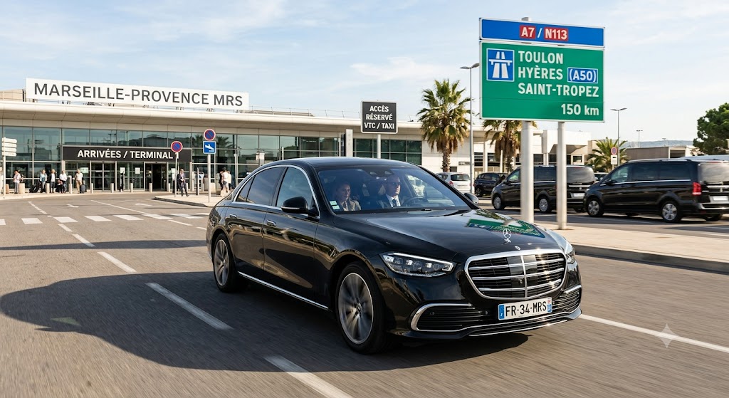 Berline haut de gamme réalisant un transfert aéroport Marseille Hyères direct