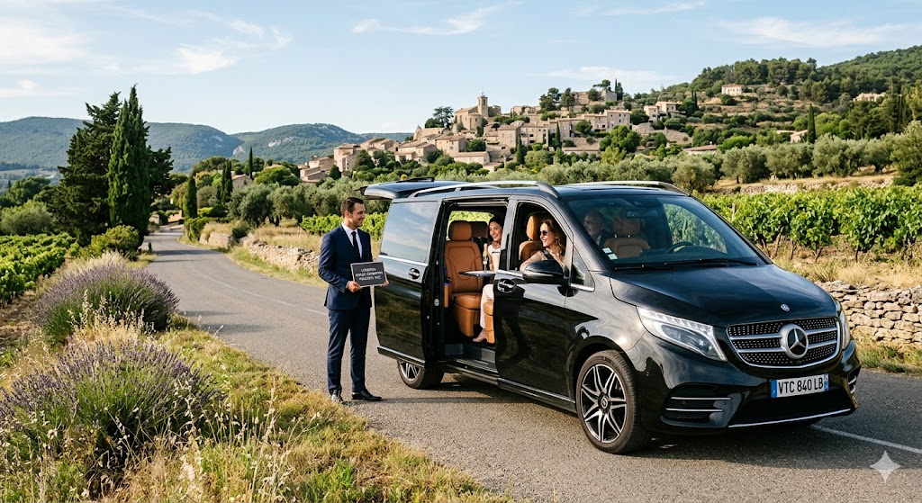Van premium de luxe Mercedes Classe V préparé pour un transfert de groupe vers le Luberon