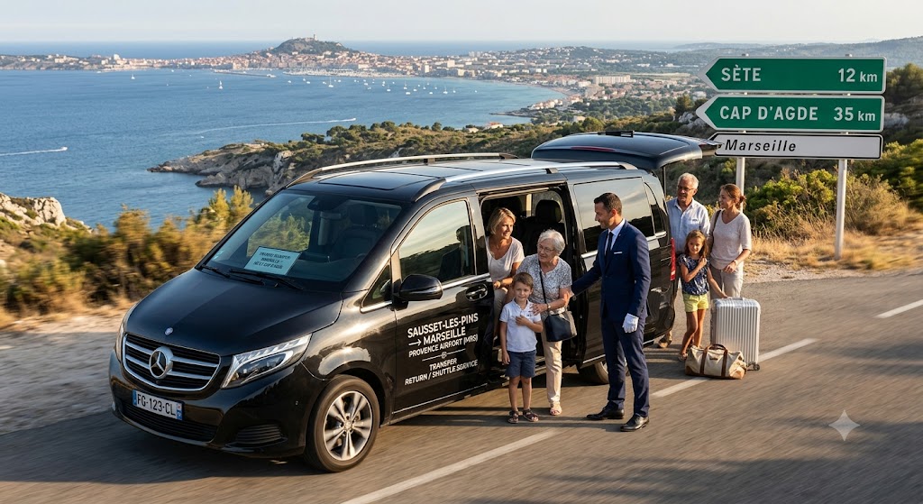 Spacieux Van Mercedes Classe V utilisé pour le transfert Marseille Sète ou Cap d'Agde de groupe familial