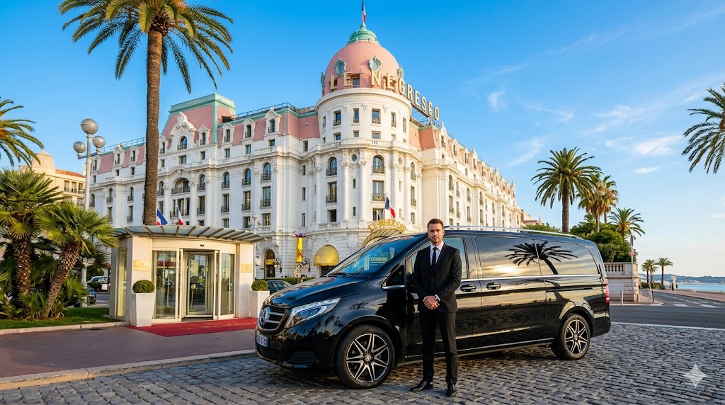 Chauffeur privé premium avec un van devant l'hôtel Negresco à Nice
