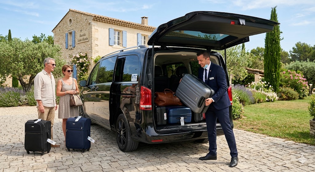 Chauffeur privé chargeant les valises dans un van pour le trajet de retour vers l'aéroport Provence