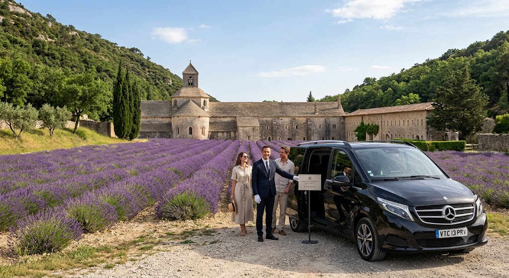 Chauffeur privé garantissant une halte exclusive devant l'abbaye de Sénanque entourée de lavandes en fleurs