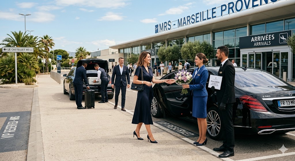Accueil aéroport VIP avec berline de luxe pour un transfert vers Le Castellet