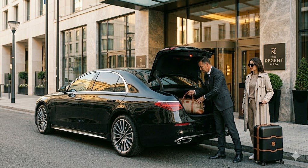 Chauffeur privé aidant au chargement des valises pour le trajet de retour