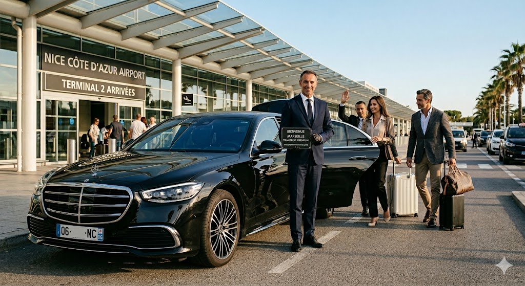 Chauffeur privé de luxe assurant un transfert aéroport Nice Marseille premium