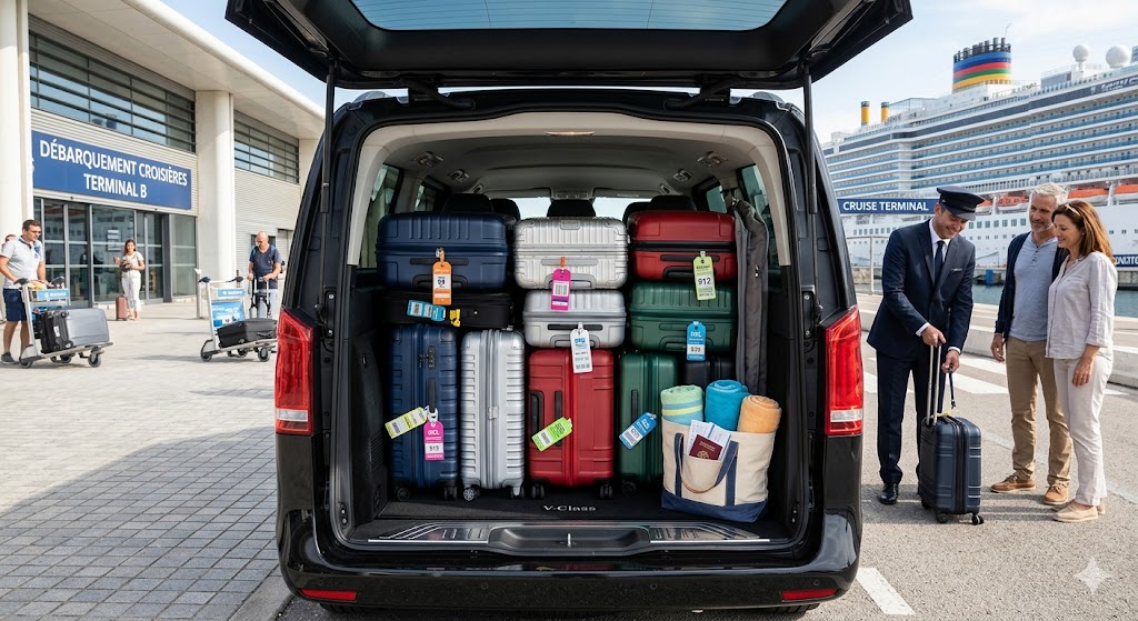 Coffre spacieux d'un van Mercedes pour les bagages de croisière