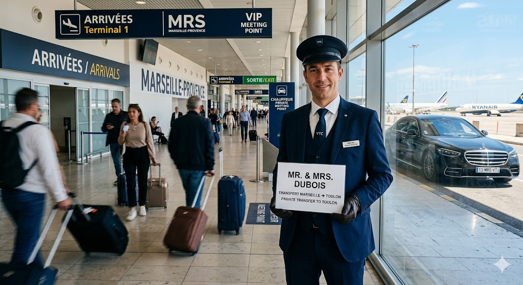 Chauffeur VIP attendant ses clients à l'aéroport pour un transfert Marseille Toulon