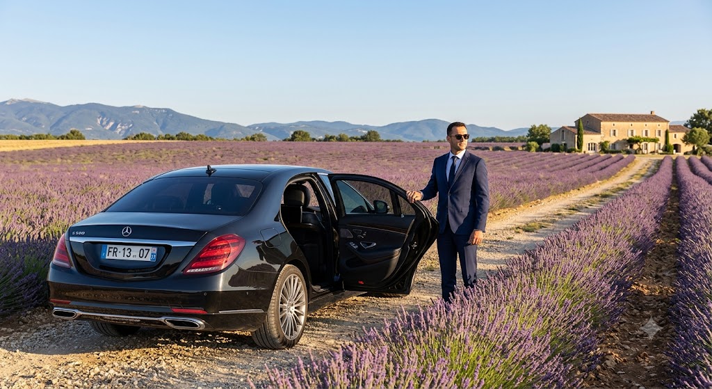Chauffeur privé lavande Provence au milieu des champs en fleurs