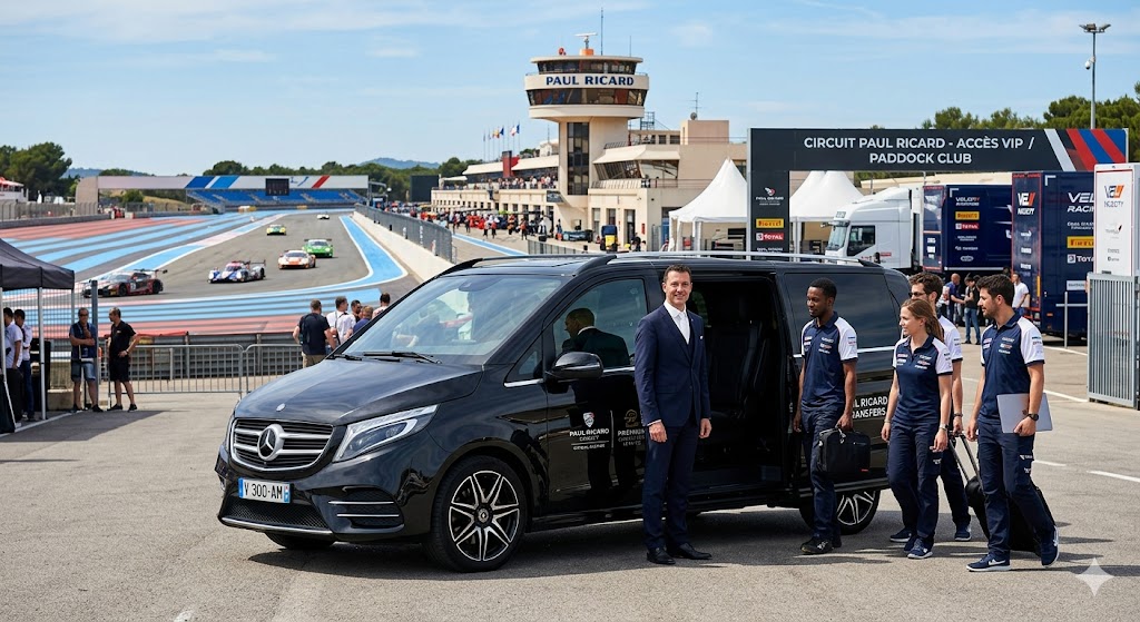 Van Mercedes premium avec chauffeur privé pour équipes automobiles au Circuit Paul Ricard