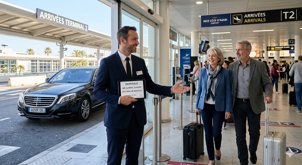 Chauffeur privé avec pancarte accueillant ses clients à l'aéroport de Nice pour un transfert vers Marseille