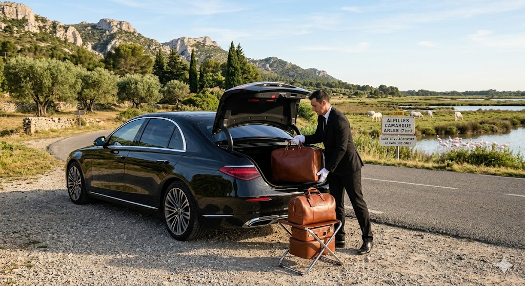 Chauffeur privé Salon-de-Provence chargeant les valises pour le trajet de retour vers l'aéroport