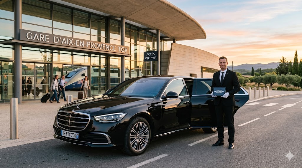 Chauffeur privé de luxe attendant ses clients pour un transfert gare Aix TGV Luberon