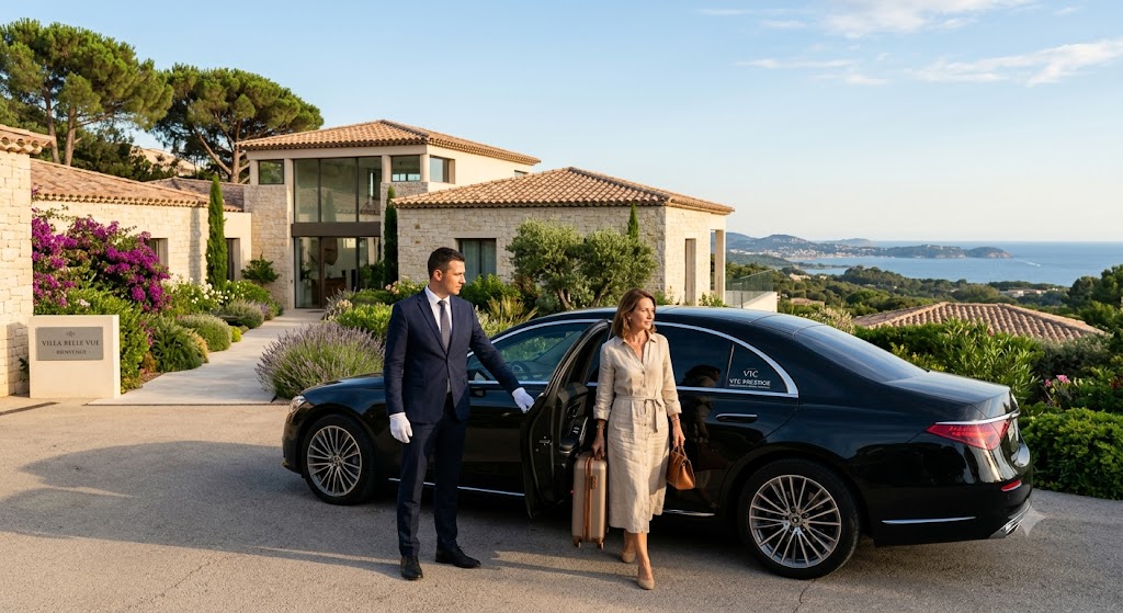 Chauffeur privé assurant la dépose devant une villa exclusive lors d'un transfert aéroport Marseille Hyères
