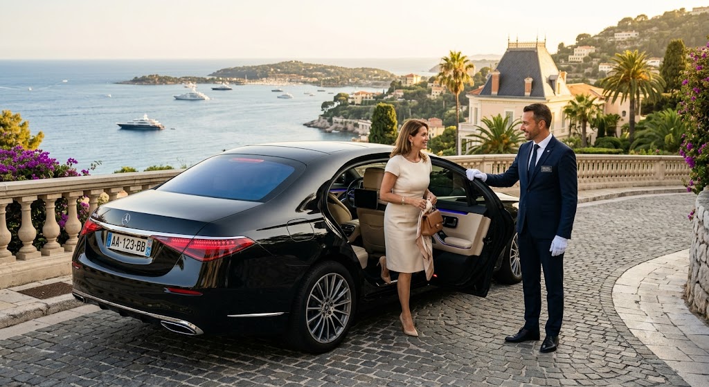 chauffeur privé Saint-Jean-Cap-Ferrat assurant un service de prestige en berline noire de luxe
