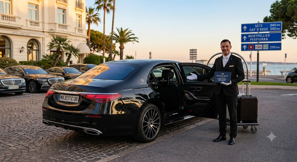 Berline noire de grande remise Majestic South Chauffeurs prête pour un transfert de longue distance vers Sète ou le Cap d'Agde