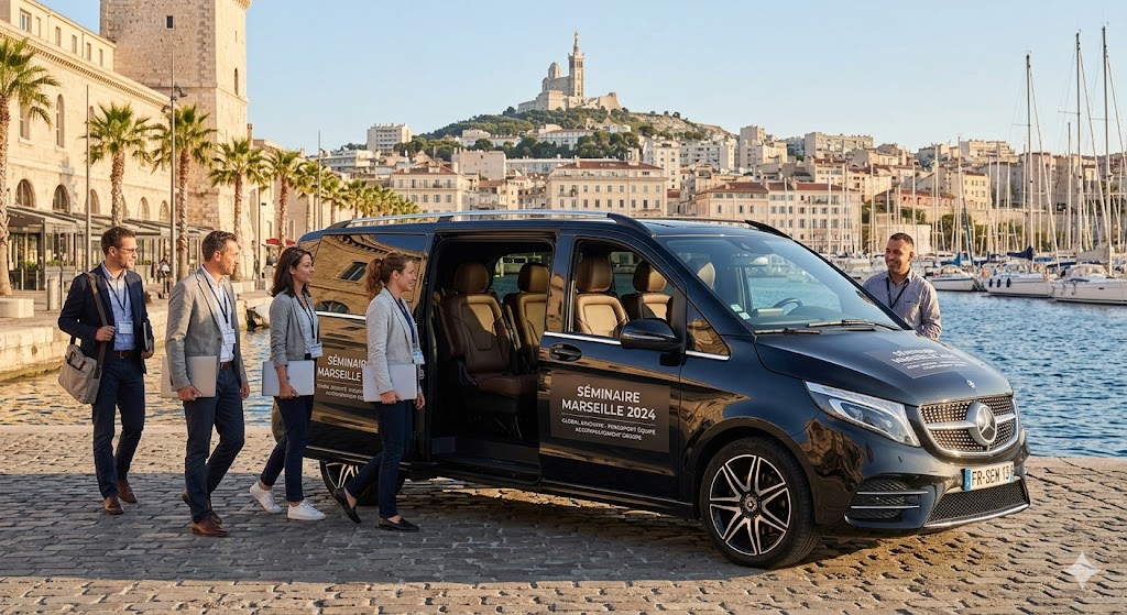 Van Mercedes Classe V utilisé pour le transport d'équipe lors d'un séminaire à Marseille