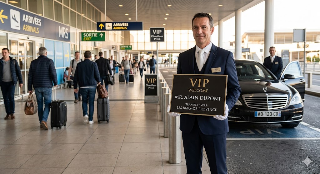 Chauffeur privé avec pancarte VIP attendant à l'aéroport pour un transfert vers Les Baux-de-Provence