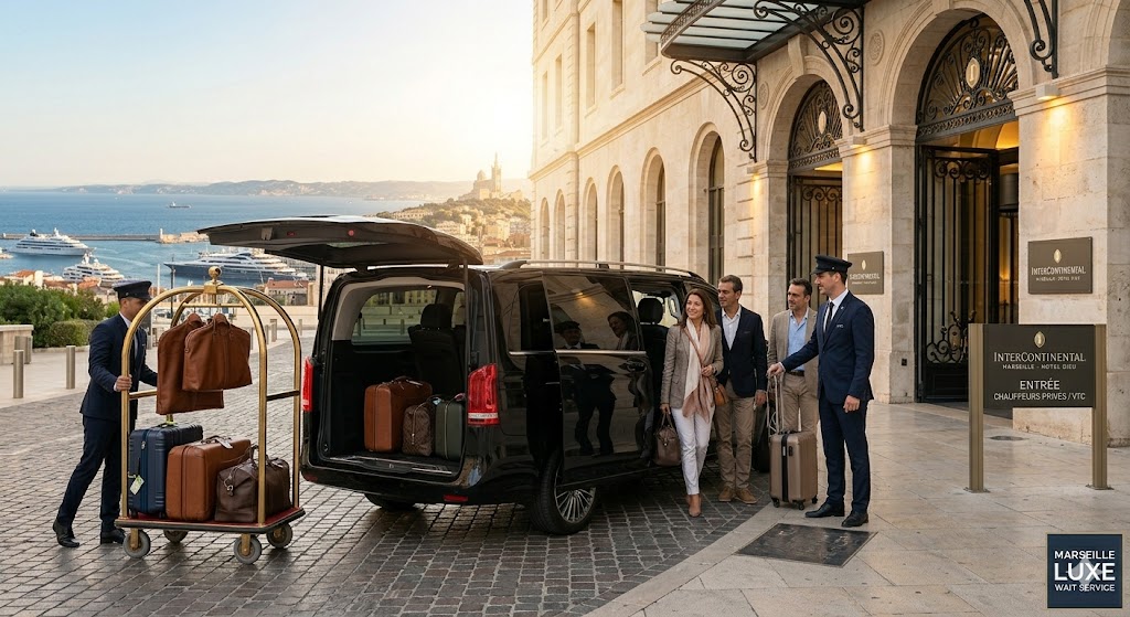 Arrivée élégante à l'hôtel de Marseille avec van premium et bagages