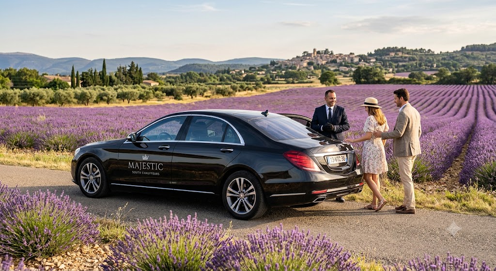 Berline noire de grande remise Majestic South Chauffeurs prête pour une excursion lavande en Provence