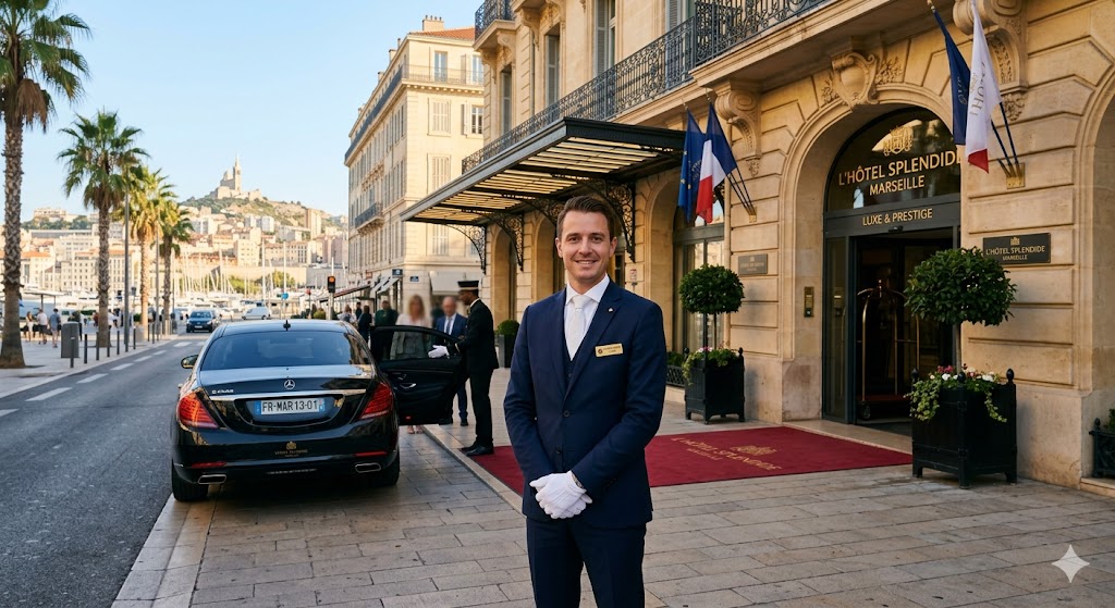Chauffeur privé hôtelier en costume devant un hôtel de luxe à Marseille