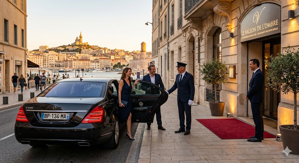 Chauffeur privé hôtelier déposant des clients devant un grand restaurant gastronomique de Marseille
