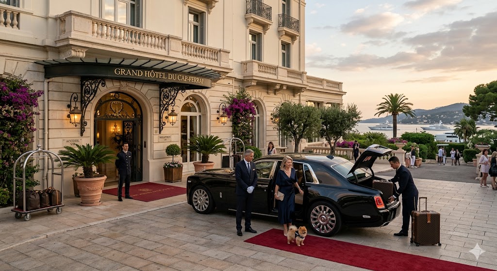 Berline de grand luxe stationnée devant le parvis d'un palace à Saint-Jean-Cap-Ferrat pour un transfert VIP