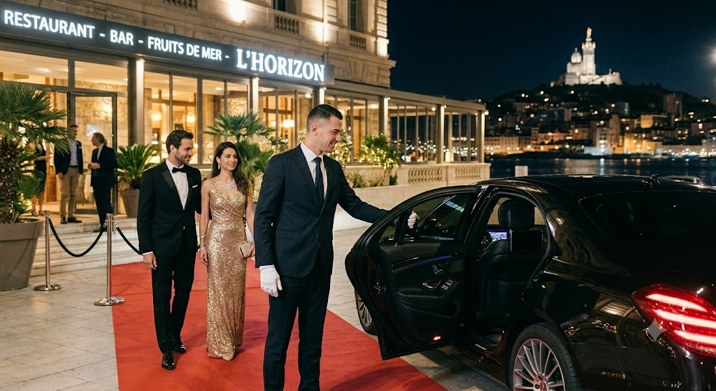 Chauffeur privé VIP Marseille ouvrant la portière d'une berline de luxe pour une soirée de prestige