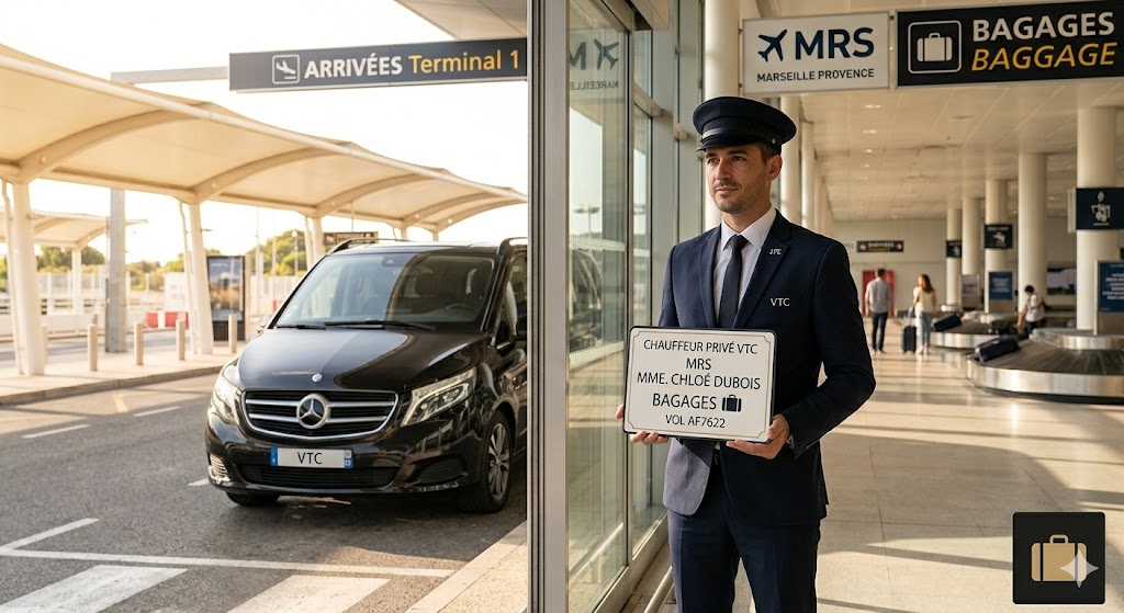 Chauffeur privé avec pancarte nominative à l'aéroport de Marseille
