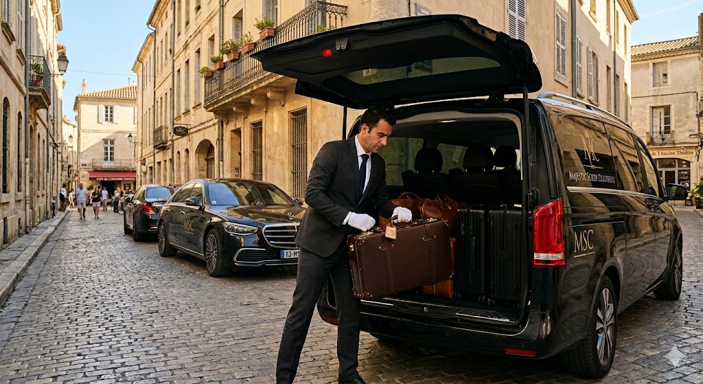 Chauffeur privé chargeant les valises pour le trajet de retour entre Nîmes et Marseille