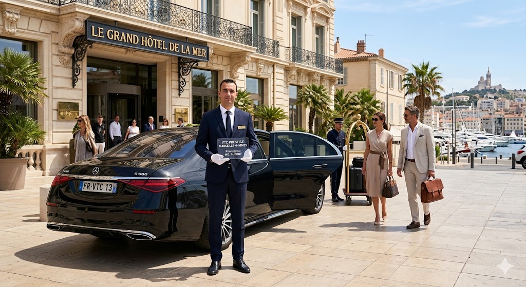 Chauffeur privé garantissant un transfert Marseille Nîmes devant un hôtel de prestige