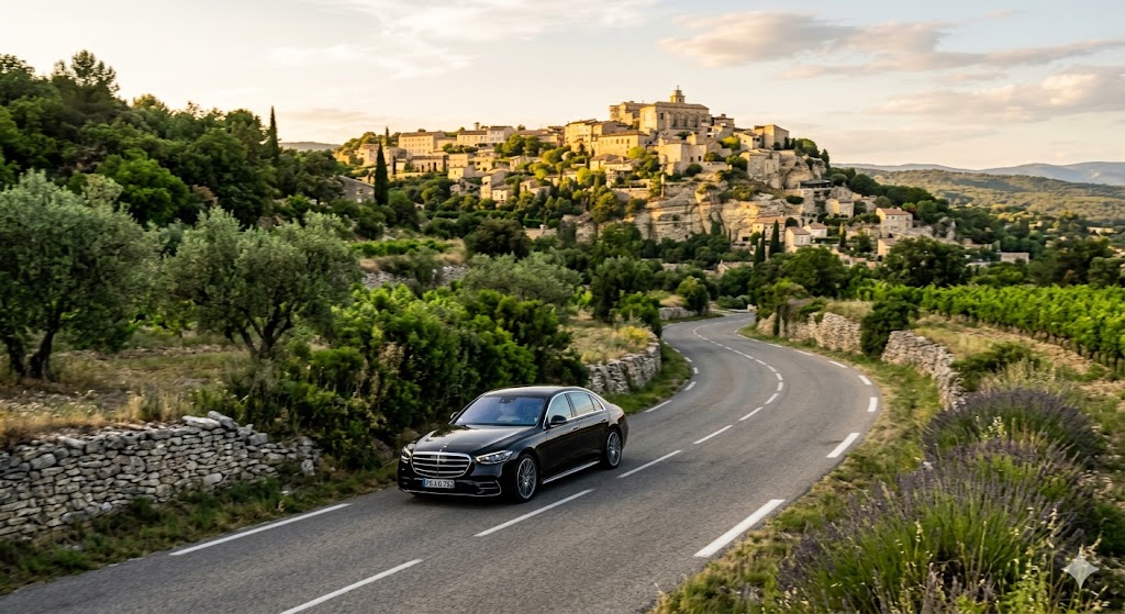 Berline premium circulant sur les routes pittoresques du Luberon vers Gordes