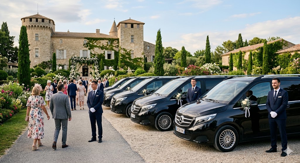 Vans Mercedes de luxe alignés avec chauffeurs privés pour le transport des invités de mariage