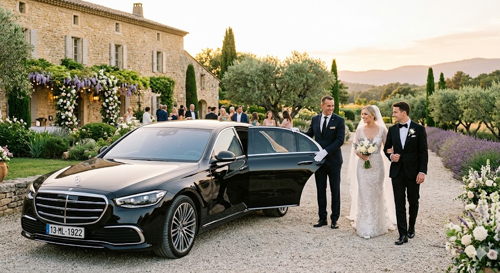 Chauffeur privé élégant accompagnant des invités lors d'un grand mariage en Provence