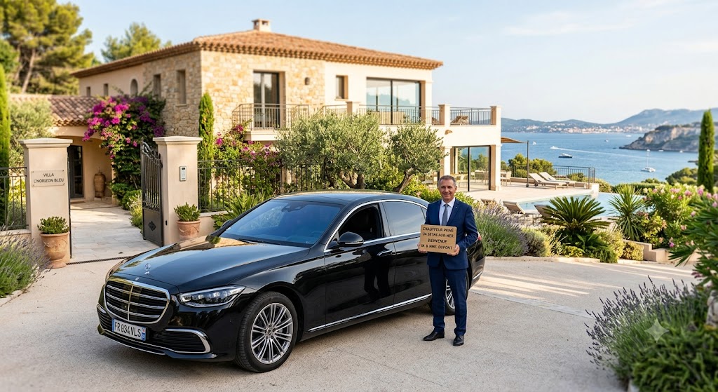 Berline noire exclusive d'un chauffeur privé La Seyne-sur-Mer stationnée devant une villa de vacances