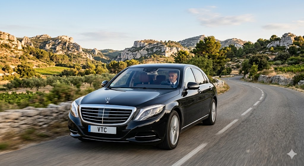 Chauffeur privé en berline premium conduisant dans le parc naturel des Alpilles