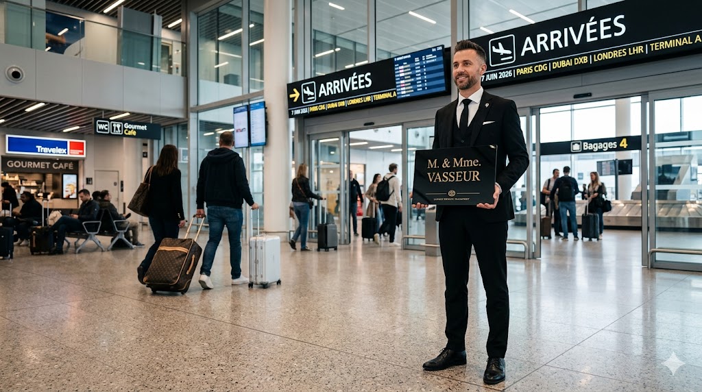Chauffeur privé avec pancarte attendant ses clients à l'aéroport Marseille Provence