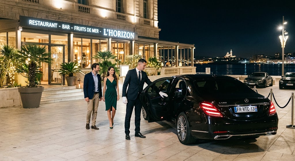 chauffeur privé soirée Marseille en berline noire devant un grand restaurant du littoral