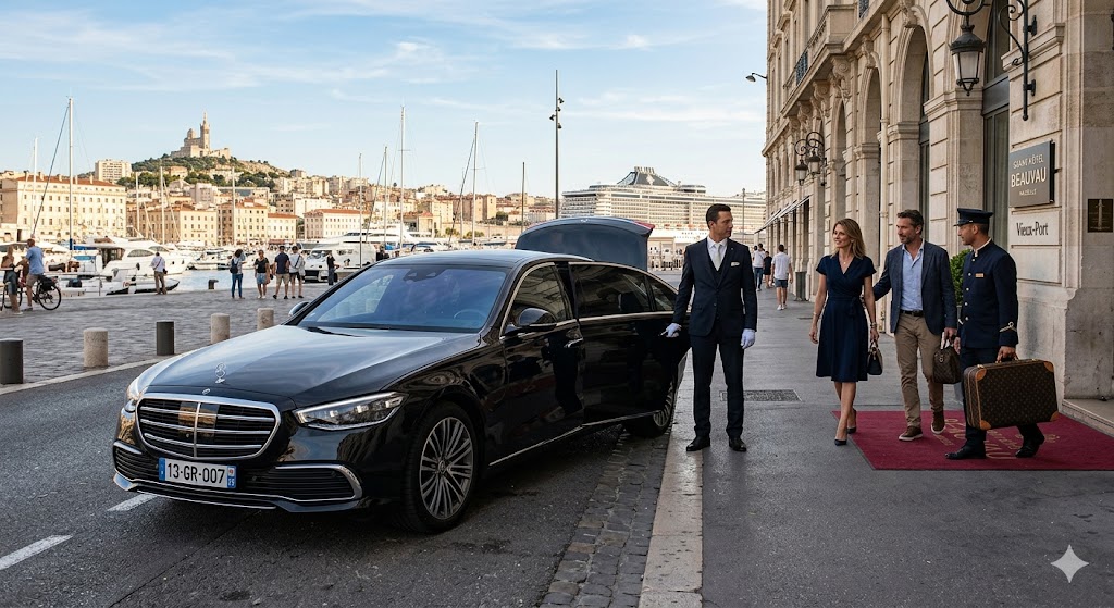 Berline noire premium de grande remise stationnée pour un transfert hôtel Marseille port de croisière