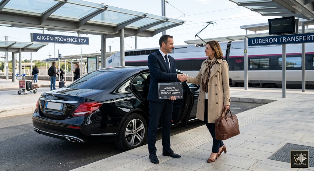Accueil VIP avec pancarte pour un transfert gare Aix TGV Luberon