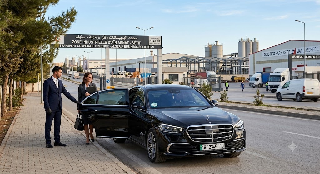 Berline premium stationnée aux abords d'une zone industrielle pour un transfert corporate