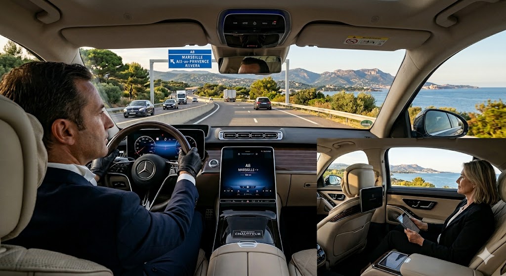 Chauffeur privé en berline premium sur l'autoroute assurant une longue distance entre la Riviera et la cité phocéenne
