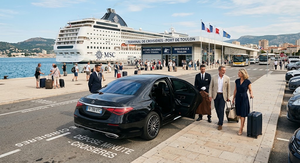 Berline premium déposant des passagers au terminal de croisière du port de Toulon