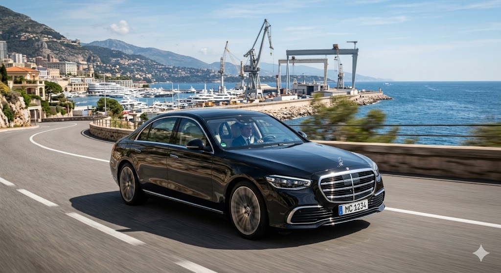 Chauffeur privé en berline premium conduisant le long du célèbre port et des chantiers navals