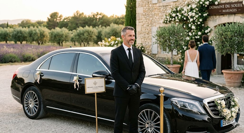 Chauffeur privé de luxe garantissant un transfert premium pour un mariage en Provence