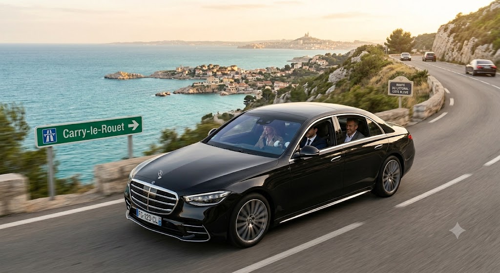 Berline noire premium réalisant un transfert aéroport Marseille Carry-le-Rouet sur la route du littoral