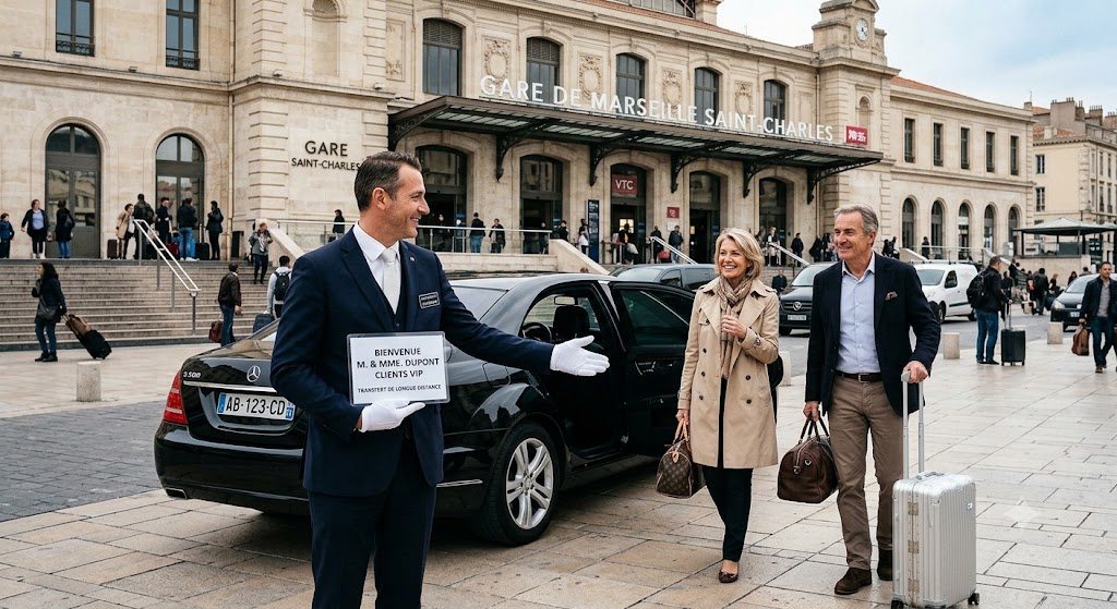 Chauffeur privé accueillant des clients VIP à la gare de Marseille Saint-Charles pour un transfert de longue distance